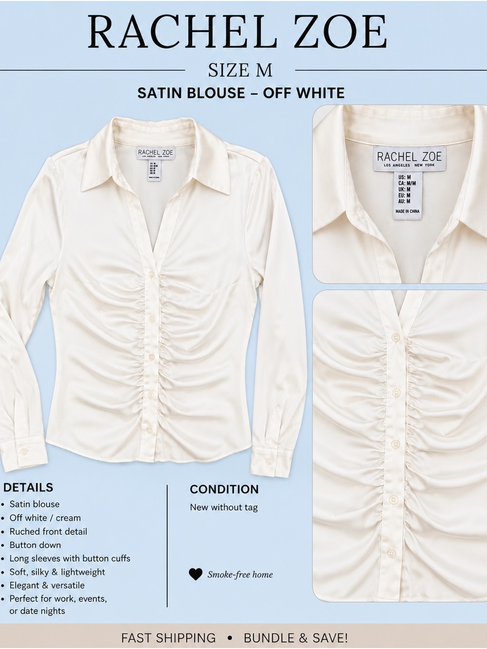 Rachel Zoe Off-White Satin Ruched Button-Front Blouse